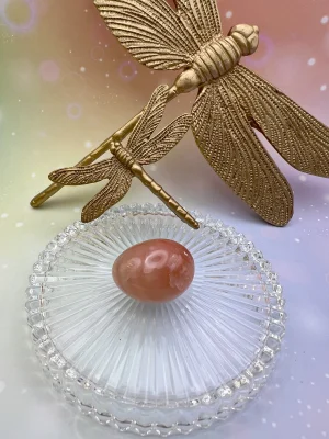 Pierre roulée en cornaline entourée de libellules dorées – symbole de vitalité, de créativité et de joie de vivre