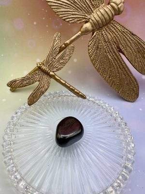 Pierre roulée en hématite entourée de libellules dorées – symbole d’ancrage, de protection et de force intérieure