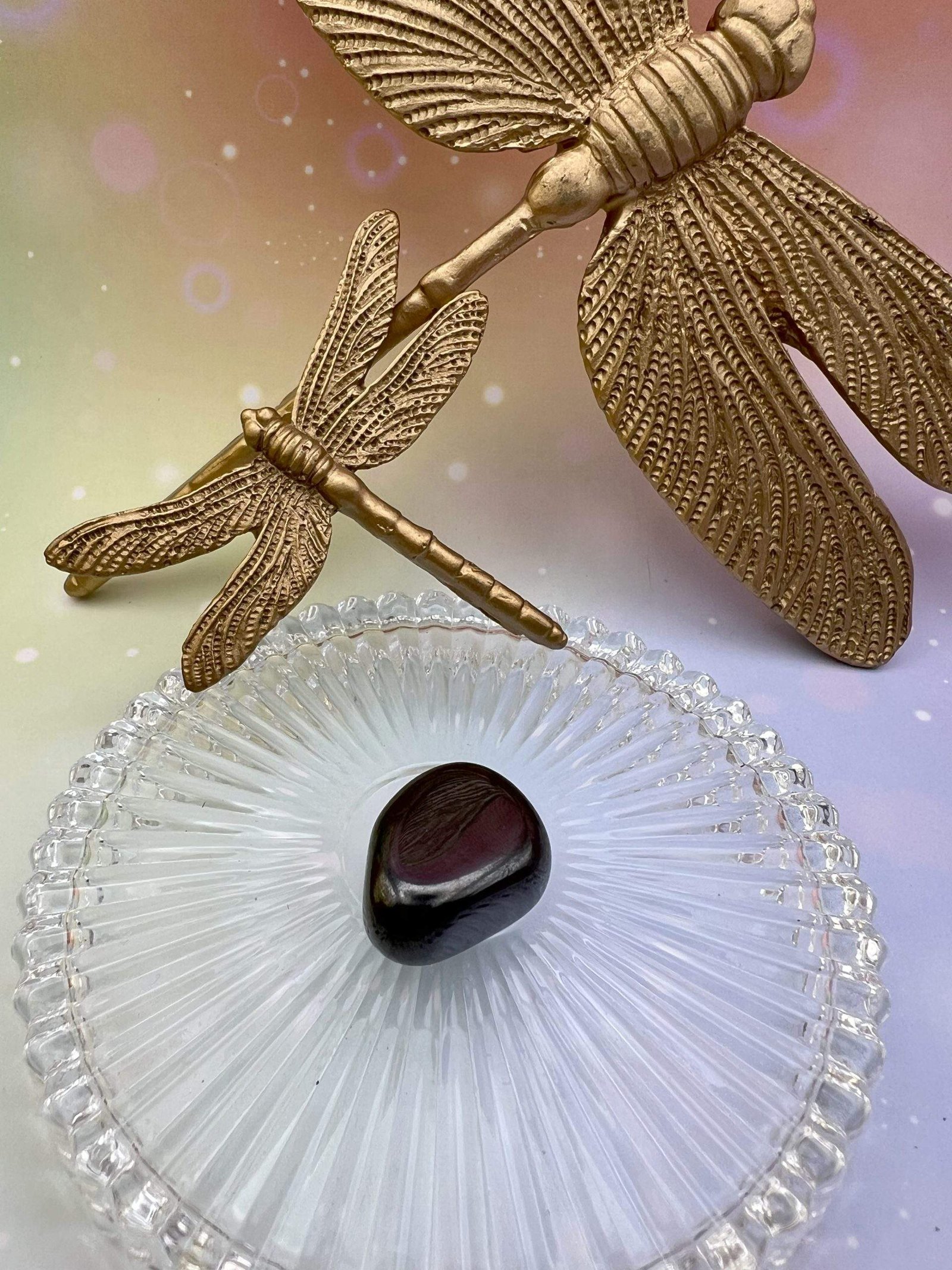 Pierre roulée en hématite entourée de libellules dorées – symbole d’ancrage, de protection et de force intérieure