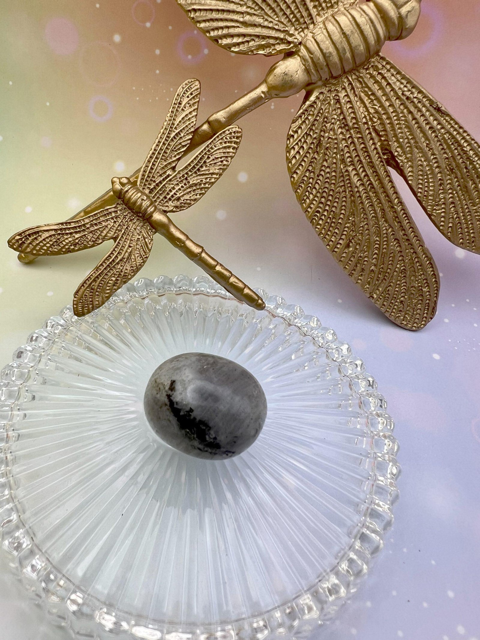 Pierre roulée en labradorite sous une libellule dorée – symbole de protection énergétique et de transformation intérieure