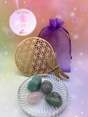 Kit Astro Balance avec quatre pierres roulées visibles dans un pochon violet, accompagné d’une fleur de vie en bois et d’une libellule dorée.