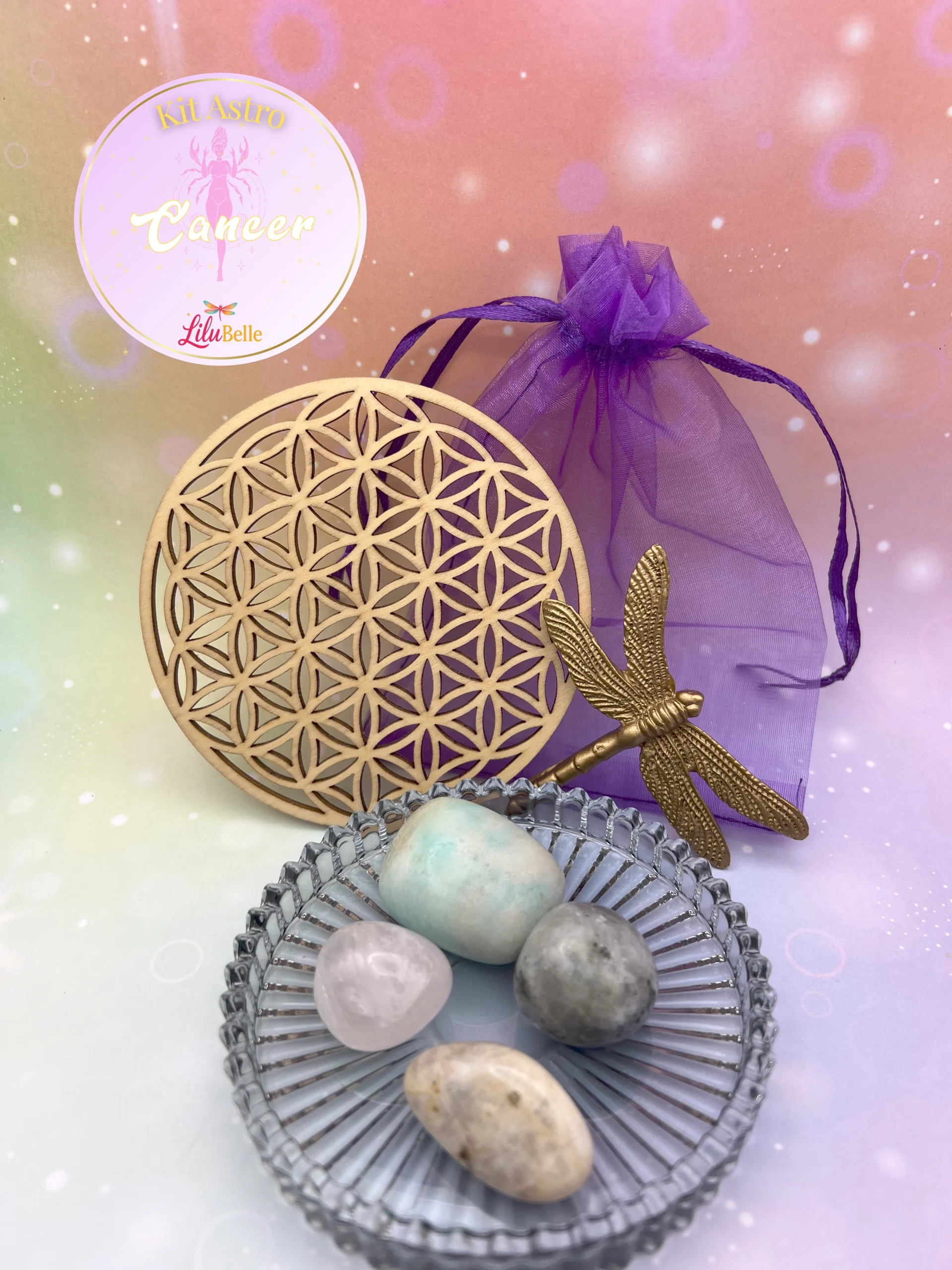 Kit Astro Cancer avec quatre pierres roulées visibles à travers un pochon violet, accompagné d’une fleur de vie en bois et d’une libellule dorée.