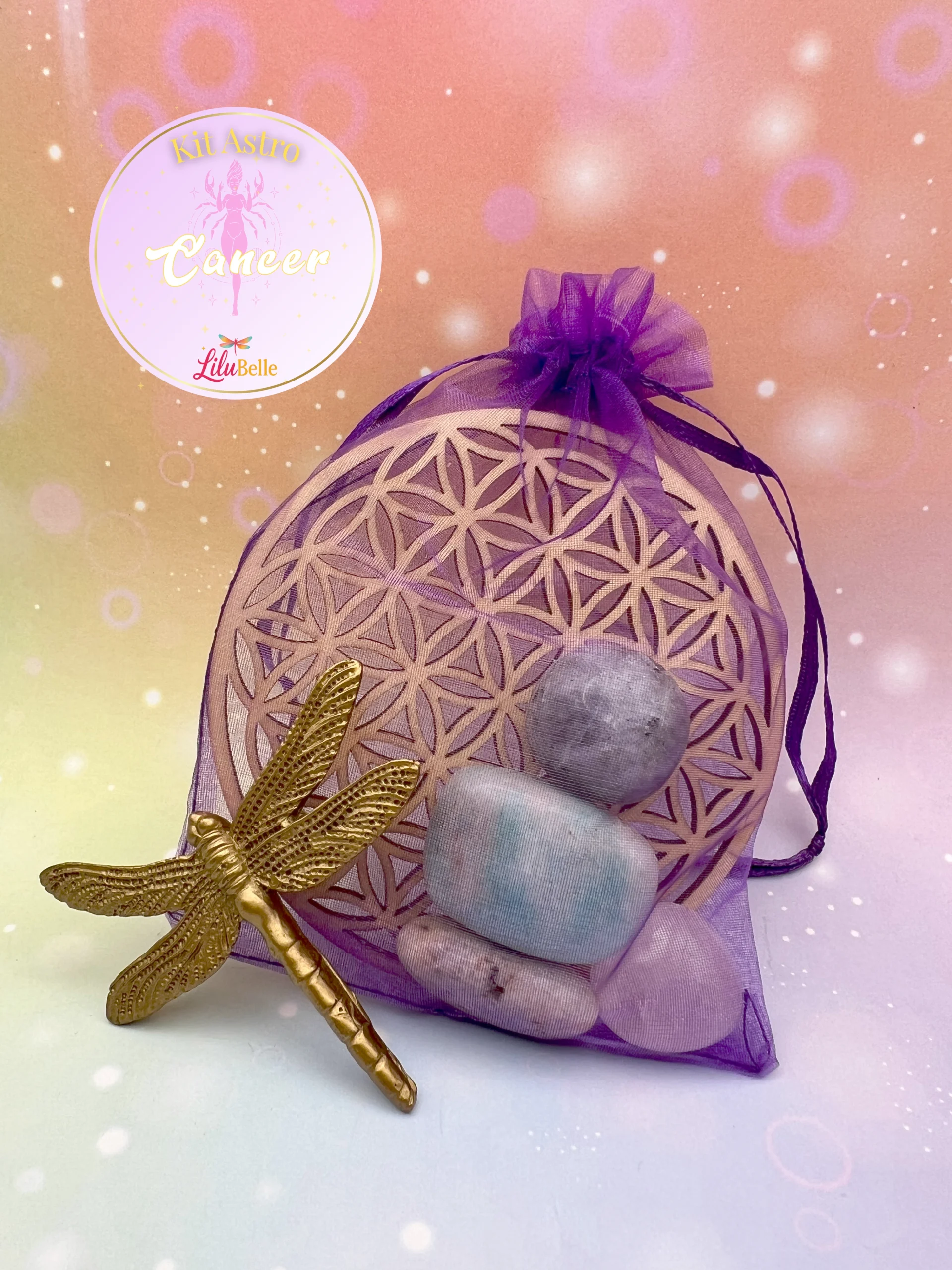 Kit Astro Cancer avec pierres disposées dans une coupelle transparente, fleur de vie en bois et pochon violet en arrière-plan.
