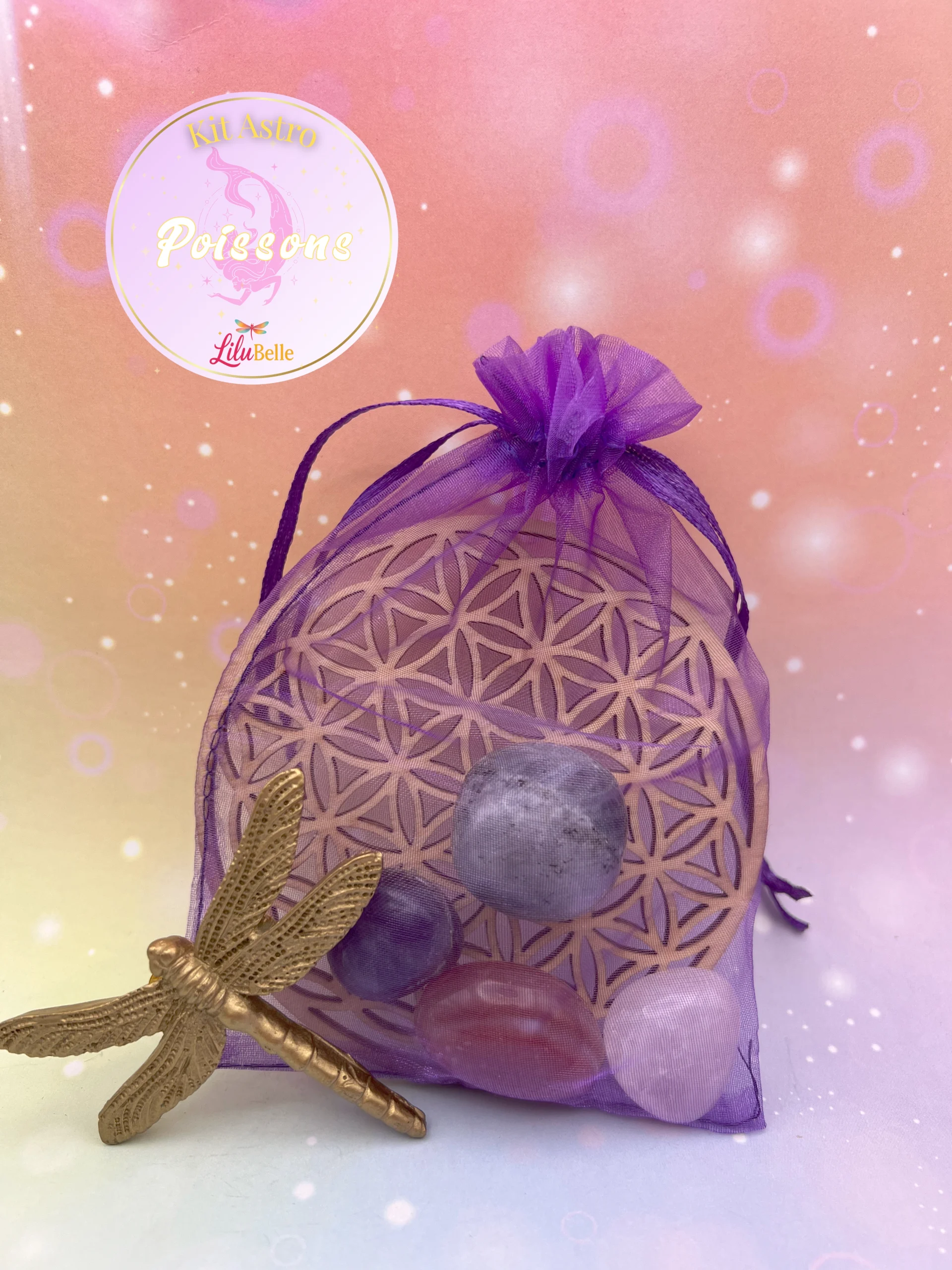 Kit Astro Poissons LiluBelle avec pochon violet, fleur de vie et pierres du signe des Poissons.