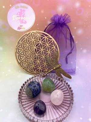 Mise en scène du Kit Astro Verseau LiluBelle avec pierres, fleur de vie et pochon violet.