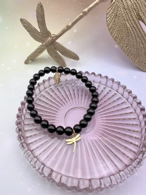 Bracelet en obsidienne noire naturelle avec pampille libellule – pierre d’ancrage, de protection et de recentrage émotionnel LiluBelle