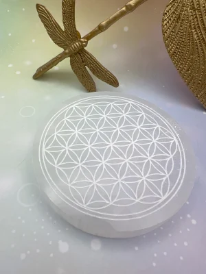 Plaque de sélénite blanche gravée fleur de vie, vue rapprochée sur fond pastel.